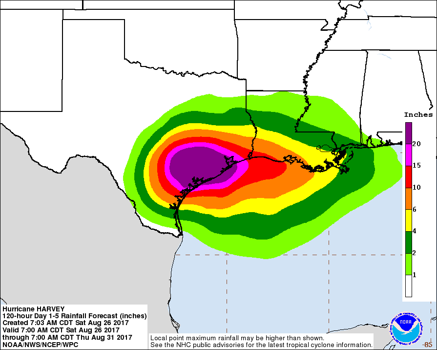 Forecast rainfall amounts from Hurricane Harvey from Saturday morning through Thursday morning shows an additional 1-2 feet of rain expected. Image: NWS