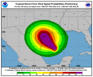 Probabilities of tropical storm force winds or greater associated with Harvey. Map: NHC