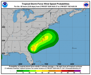 Map reflecting probability of tropical storm force winds over the next 48 hours on the US East Coast. Map: National Hurricane Center