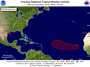 The five day outlook from the National Hurricane Center shows Harvey and Potential Tropical Cyclone #10. But it also shows an area in red likely to become the next tropical cyclone in the coming days over the central Atlantic. Image: NHC