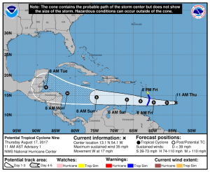 Potential Tropical Cyclone #9 may become Tropical Storm or perhaps Hurricane Harvey over time as it travels west through the Caribbean. Image: NHC