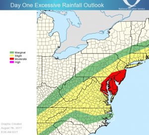 The red area reflects where the National Weather Service believes where heavy, excessive rain is most likely to fall. Image: NWS