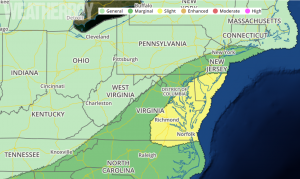 The National Weather Storm Prediction Center is forecasting another round of severe weather in the Mid Atlantic on Monday. Map: Weatherboy.com