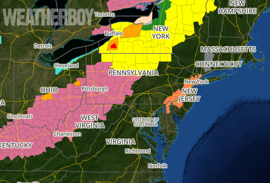 The National Weather Service has issued a variety of advisories for life-threatening weather in the northeast today. Tornado Warnings (red), Severe Thunderstorm Warnings (orange), Tornado Watches (yellow), and Severe Thunderstorm Watches (pink) are up as of 1pm ET. Flood-related advisories (green) and heat-related advisories (dark orange) are also up. Map: weatherboy.com