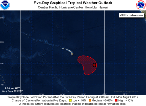 A tropical cyclone could be forming south and east of Hawaii over the next five days. Image: CPHC