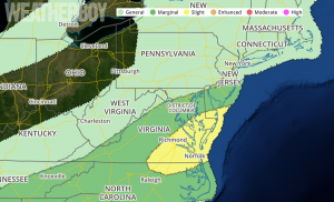 The National Weather Service's Storm Prediction Center has indicated that an area over southern Delaware, eastern Maryland and Virginia, and northeastern North Carolina has the greatest risk of severe weather today. Map: weatherboy.com
