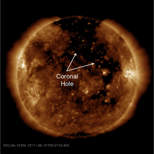 The dark regions in this SDO Image is what a coronal hole looks like. Image: NASA/SDO