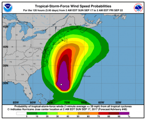 Threat of tropical storm force winds extend far from the center of Hurricane Jose. Image: NHC