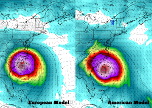 Model guidance; NOT A FORECAST: Global computer models, ECMWF on left, American on right, show a large and powerful hurricane eventually making landfall on the US East Coast sometime next weekend or soon thereafter. Original Images: tropicaltidbits.com