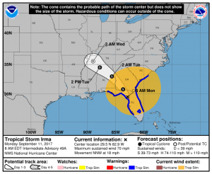 Latest advisory from the National Hurricane Center shows Hurricane Warnings changing to Tropical Storm Warnings as Irma weakens. Image: NHC