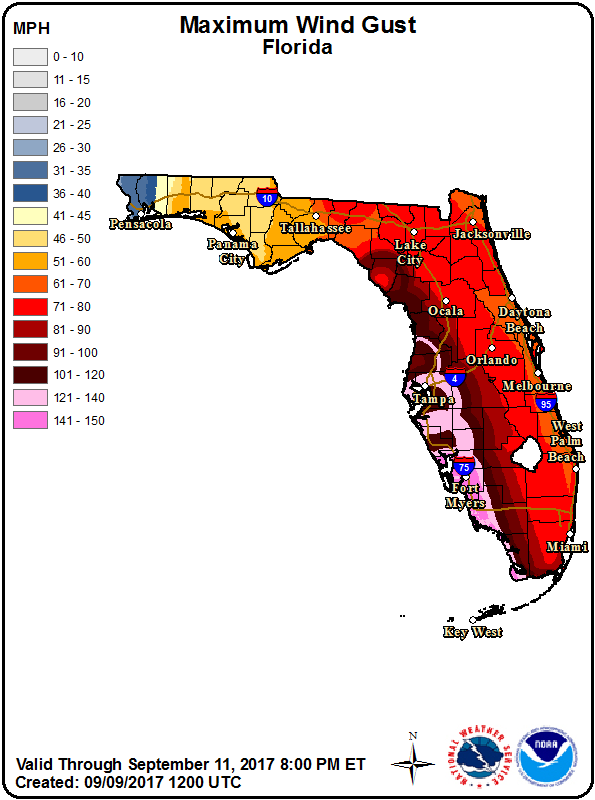 Damaging winds are expected throughout the entire Florida Peninsula; catastrophic destructive winds are likely on the southwest coast, especially from Cape Coral and Fort Meyers south. Image: NWS