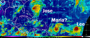 Triple threats? Current image shows Hurricane Jose and Tropical Storm Lee and an area likely to become Hurricane Maria. Image: NOAA