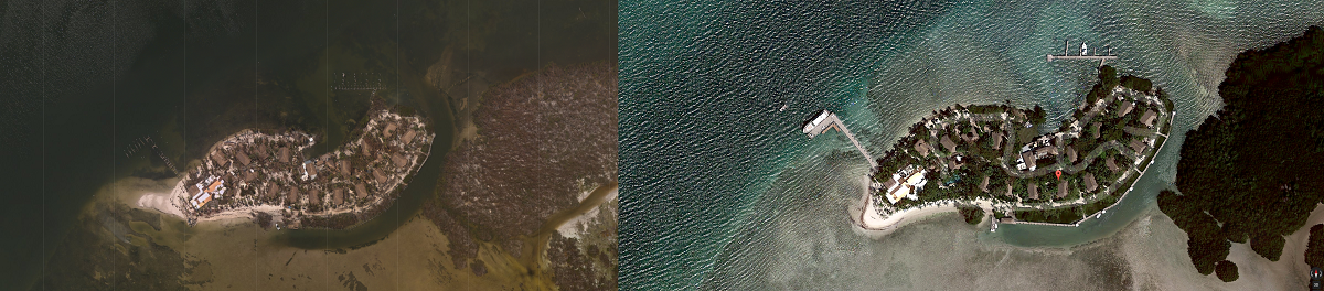 After / before image of the Little Palm Island resort in the Florida Keys. Image: NOAA / GoogleMaps