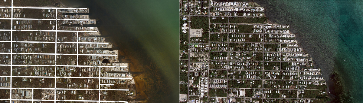 Destroyed neighborhood on Big Pine Key. Images: NOAA / Google Maps.