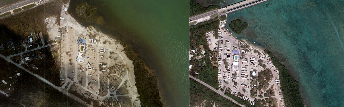 Hurricane Irma destroyed this KOA campground on Upper Sugarloaf Key. Image: NOAA / Google Maps