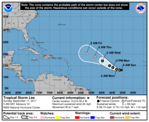 Tropical Storm Lee's official forecast track from the National Hurricane Center. Image: NHC