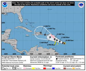 Tropical Storm Maria, expected to be a Hurricane soon, has triggered numerous watches in the Caribbean. Image: NHC