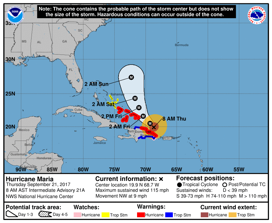 Official three day track and current watches/warnings for Hurricane Maria. Image: NHC