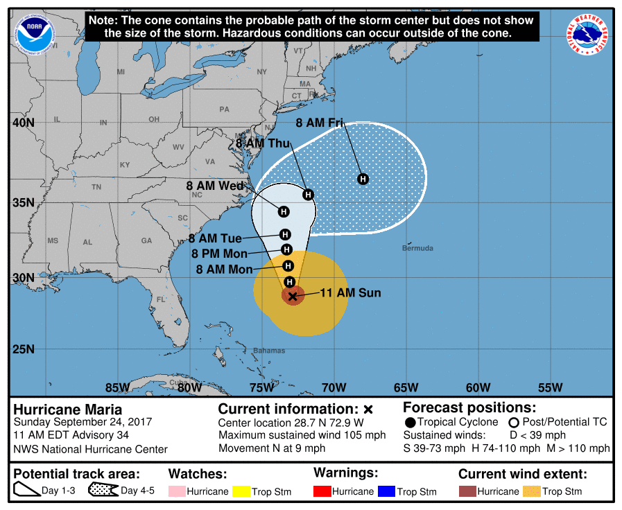 Official 5-day forecast from the National Hurricane Center show's Maria's expected track. Image: NHC