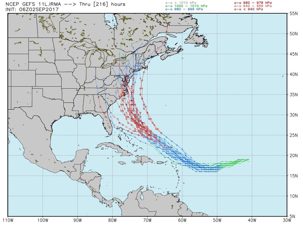 Different possible forecast paths suggested by the American (GFS) model in its overnight run. Image: NCEP