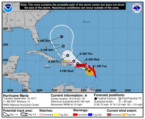 Current forecast track for the next 5 days of Major Hurricane Maria. Image: NHC