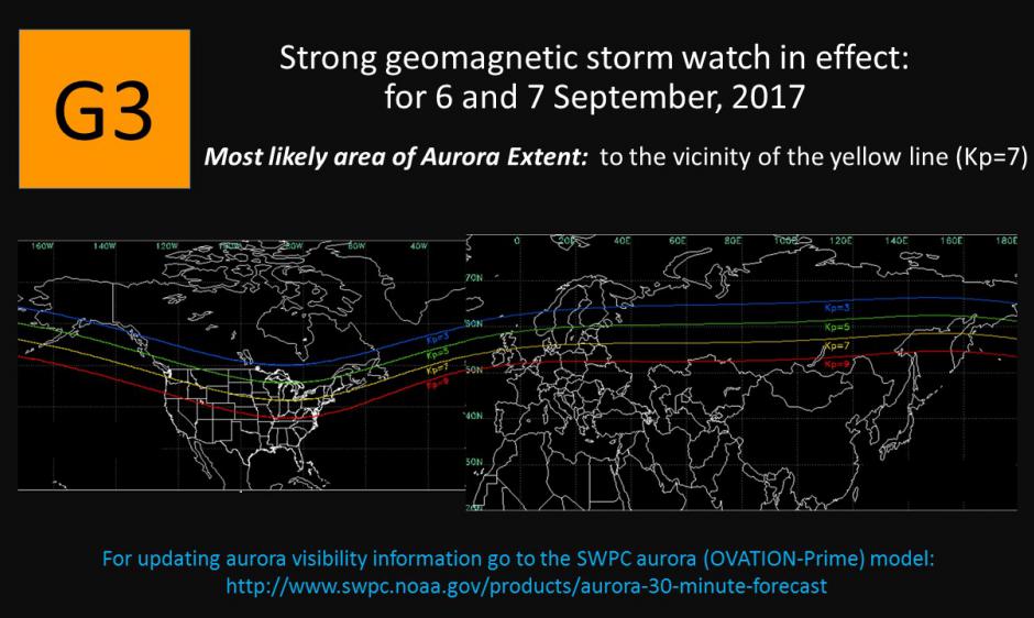 The National Weather Service's Space Weather Prediction Center has issued a G3 Strong Geomagnetic Storm Watch for September 6 and 7. Image: SWPC