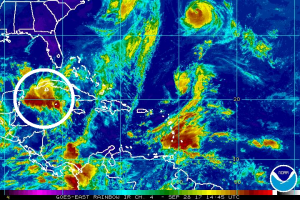 Latest colorized satellite view of the Caribbean, with the area of concern circled. Image: NOAA