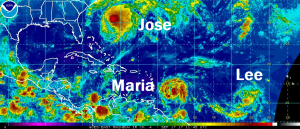 Jose, Maria, and Lee are shown on this color enhanced satellite image of the Atlantic hurricane basin. Image: NOAA