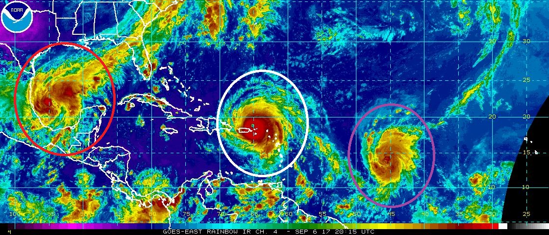 Three hurricanes: Katia (Red), Irma (White), and Jose (Purple) in the Atlantic Hurricane Basin. Image: NOAA