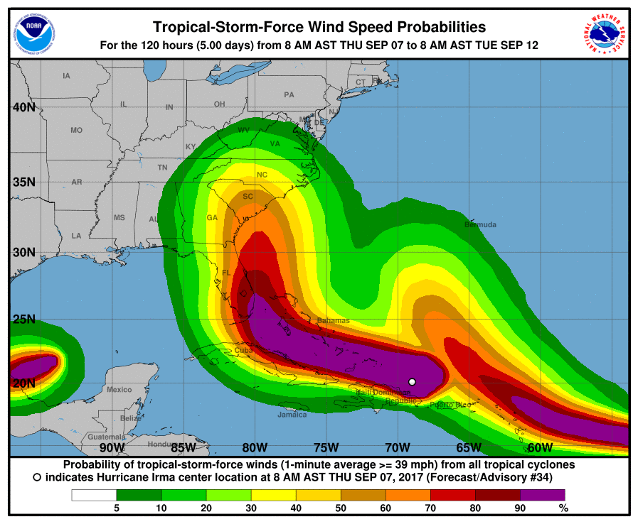 Probability of at least tropical storm force winds over the next 120 hours; the new area to the right of Major Hurricane Irma is for expected winds from Major Hurricane Jose. Image: NHC