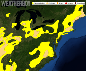 Current Drought Monitor map shows patches of Moderate Drought in the eastern US.  Map: Weatherboy.com