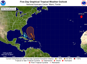Latest 5 day outlook from the National Hurricane Center shows an area in orange that is of concern this week. Image: NHC