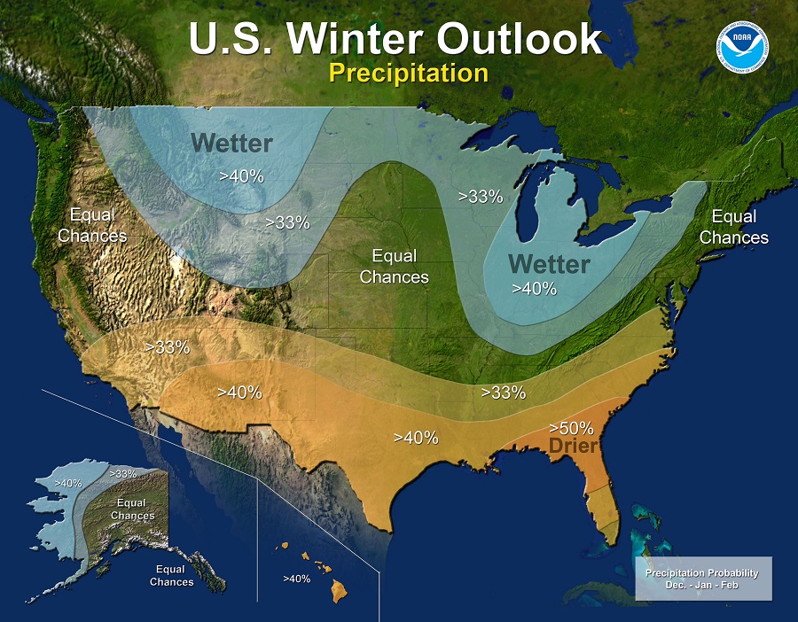 NOAA's Winter Outlook for '17-'18 shows the northern US with more precipitation than usual while the southern US will see conditions more dry than normal. Image: NOAA