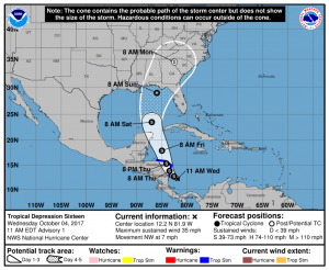 National Hurricane Center 5-day forecast track for Tropical Depression #16. The official track brings this system on-shore as a hurricane on the US coast this weekend. Image: NHC