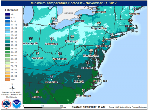 Temperatures will continue to drop tomorrow night, setting the stage for the coldest readings of the season for many in the Eastern US. Image: NWS