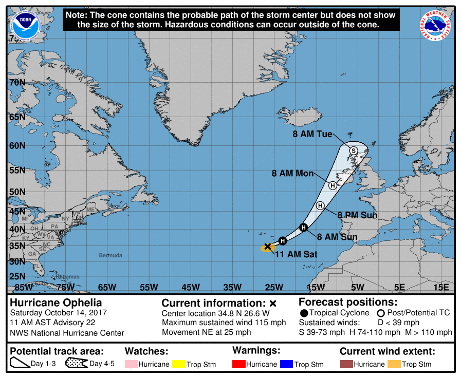 Major Category 3 Hurricane Ophelia's official forecast track from the US National Hurricane Center. Image: NHC