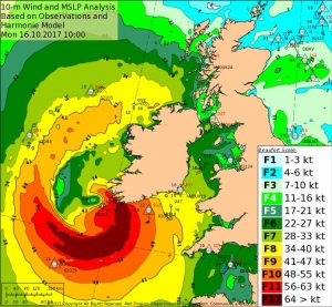 Latest wind analysis of Ophelia as it strikes Ireland head-on. Image: Met Eirann.