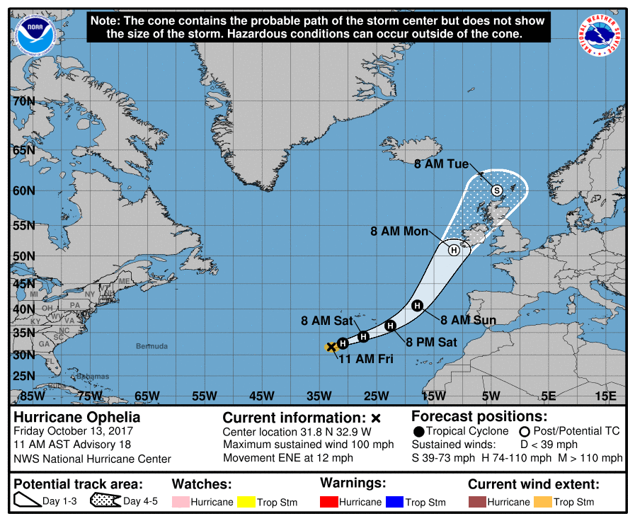 Latest official forecast track for Hurricane Ophelia from the National Hurricane Center.  Image: NHC