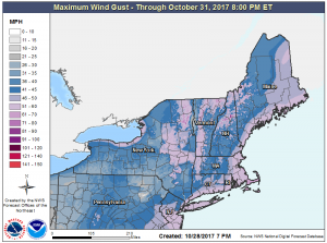 Strong wind gusts are expected throughout the northeast as the merged system moves through. Image: NWS