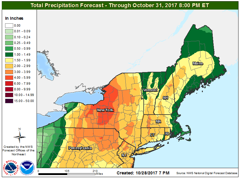 Heavy rain from the merged systems will fall across the northeast, creating localized flash flood conditions. Image: NWS