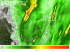 Forecast rainfall amounts in the eastern US for the next 72 hours. Map: Weatherboy.com