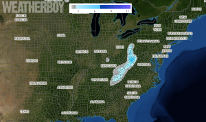 Snow, heavy at times, can also fall along the spine of the Appalachians. More than 6" is possible in the highest peaks of West Virginia. Image: weatherboy.com