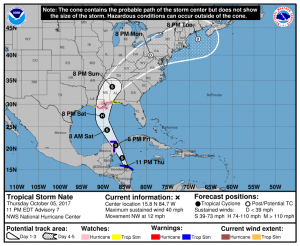 Hurricane and Tropical Storm Watches are now up for portions of the US Gulf Coast ahead of Nate's forecast weekend landfall. Image: NHC