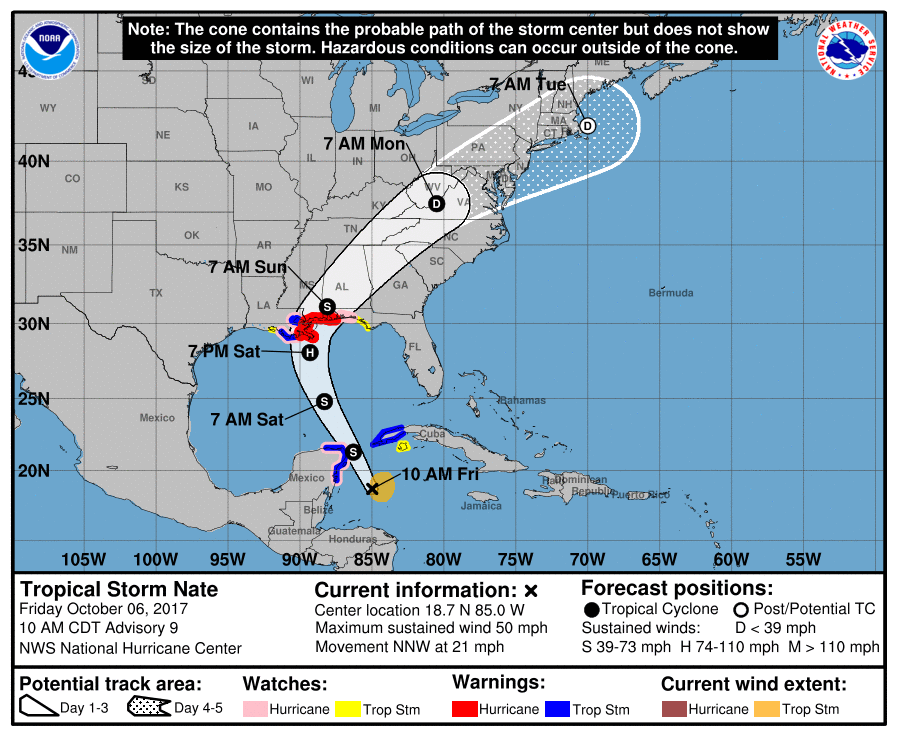 Hurricane Warnings are now up ahead of Nate's expected arrival on the US Gulf Coast. Image: NHC
