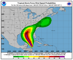 Tropical Storm Force winds are likely over a narrow area of the Gulf Coast as Hurricane Nate makes landfall. There's also a chance of tropical storm force winds over portions of the Mid Atlantic and New England as Nate's remnants quickly move through the eastern US over the next 72 to 96 hours. Image: NHC