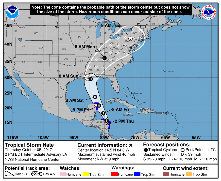 Latest official forecast track of Tropical Storm Nate by the National Hurricane Center. Image: NHC