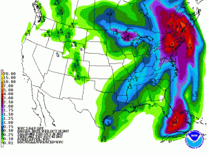 The National Weather Service's Weather Prediction Center believes very heavy rain will fall as a result of this coastal storm in the northeast this weekend, as depicted in this 7-day rainfall map. Image: NWS