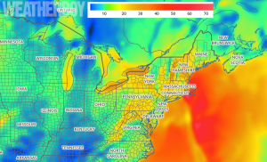 Strong, potentially damaging winds will spread across the northeast this evening. Image: weatherboy.com