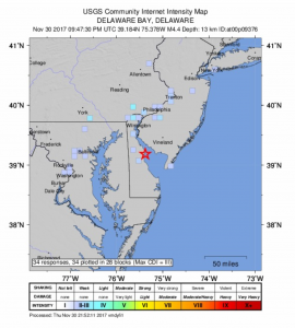 According to the USGS, an earthquake with a preliminary magnitude of 5.1 struck near Dover, Delaware. Image: USGS