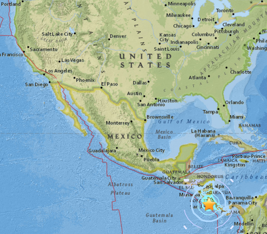 A strong earthquake struck just west of the central west coast of Costa Rica.  Image: USGS
